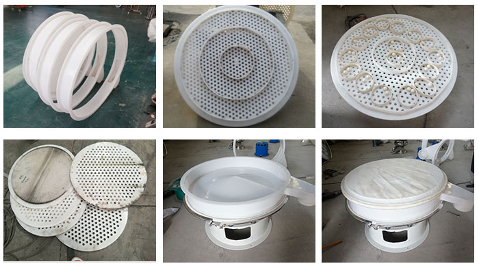 塑料防腐旋振篩配件：振動篩底座，篩框，防塵蓋，篩網(wǎng)，振動電機座。